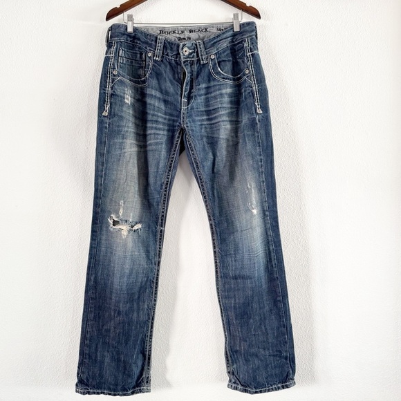 Buckle Black Jeans Distressed Denim Three Fit 34X32 Fade Stitching Medium Wash - Picture 1 of 16